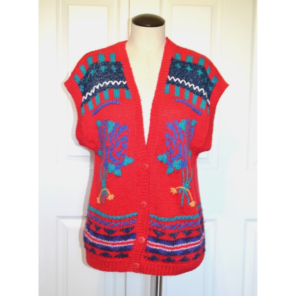 Vintage‎ Koret City Blues Knitted Vest Womens Large Embroidered Abstract Design
